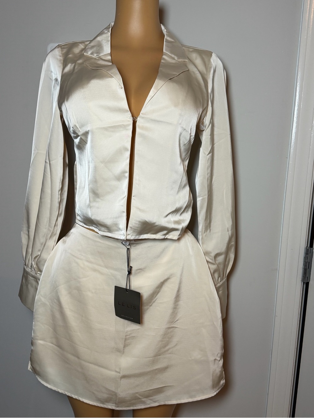 Le Lis Cream Satin Blouse & Mini Skirt Set
